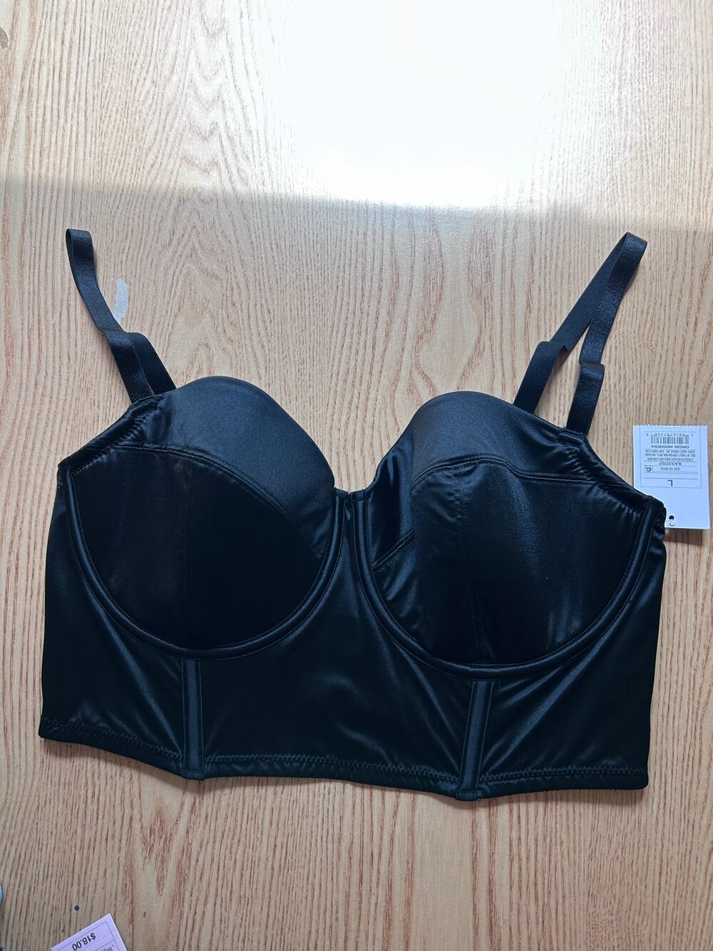 New Auden Silky Satiny Underwired Push-Up Longline Soft Boned Bra Black Large